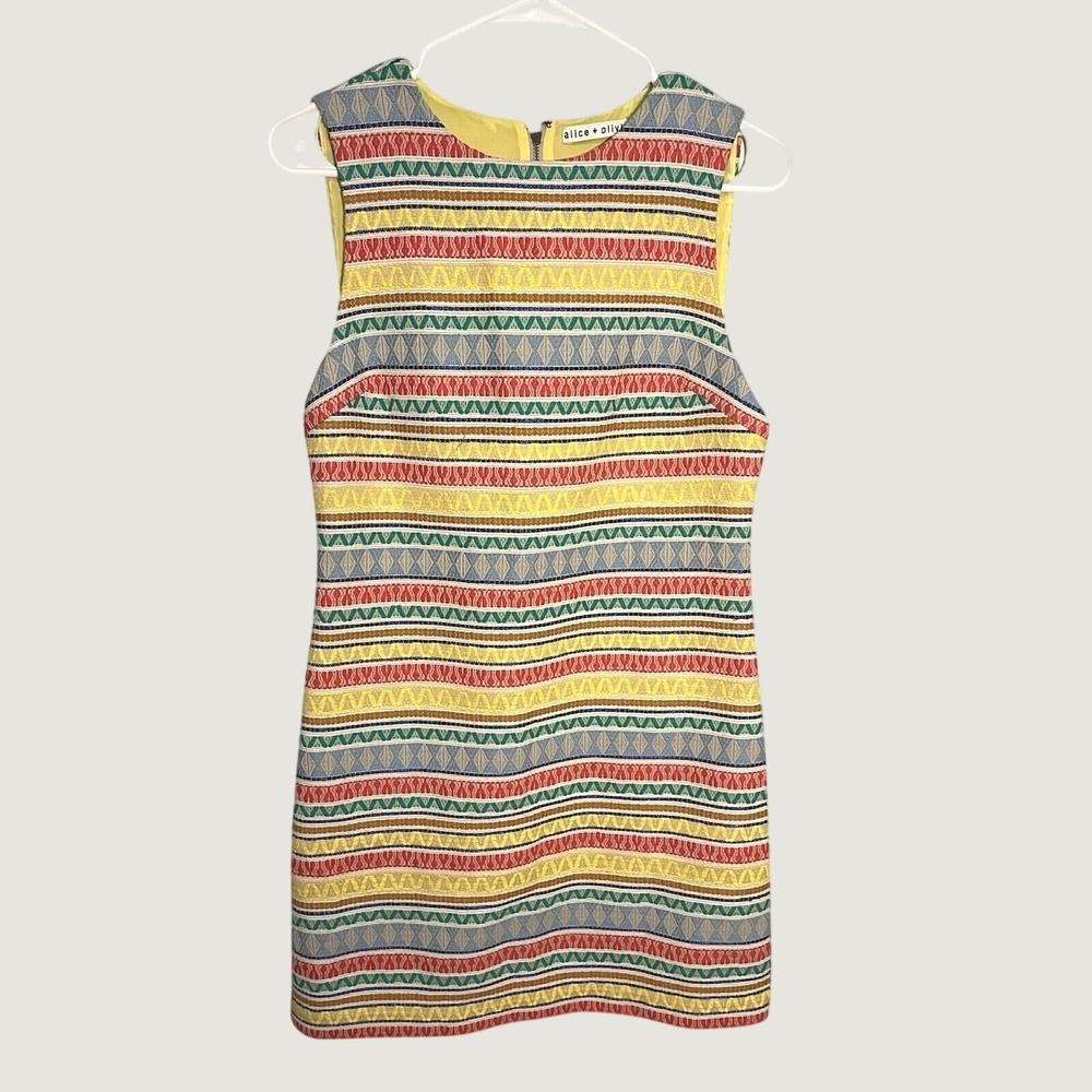 Alice + Olivia Coley Embroidered Yellow Aztec Stripe Shift Dress Sz 6